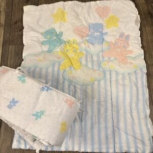 Vintage Cuddle Time Baby Comforter pastles bunnies, clouds, stripes, crib set